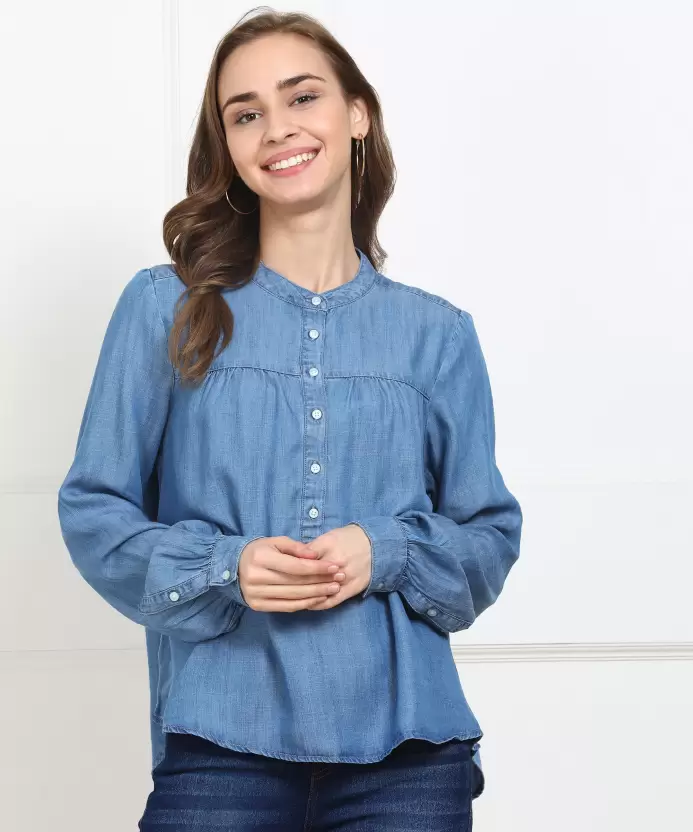 Casual_Cuffed_Sleeves_Solid_Women_Blue_Top.png